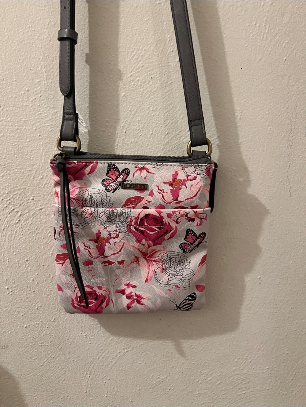 Floral Crossbody Bag with Butterfly Print - Pink/Gray